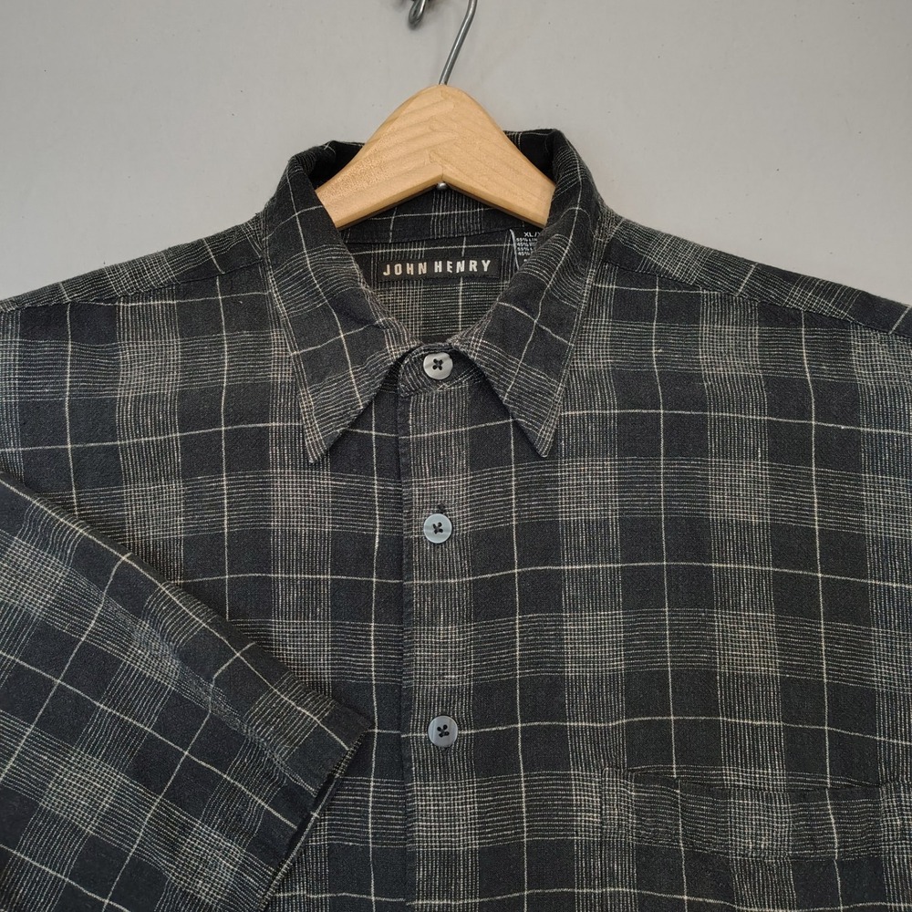 John Henry Button Up Shirt Mens XL Black Plaid Linen Blend Short Sleeve Woven